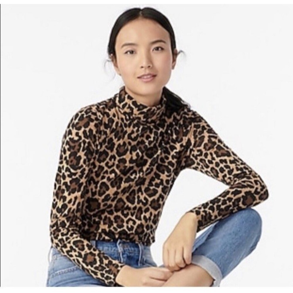 NEW J Crew Leopard Tissue Turtleneck Top Brown Small Y2K Mob Wife Parisian Shirt